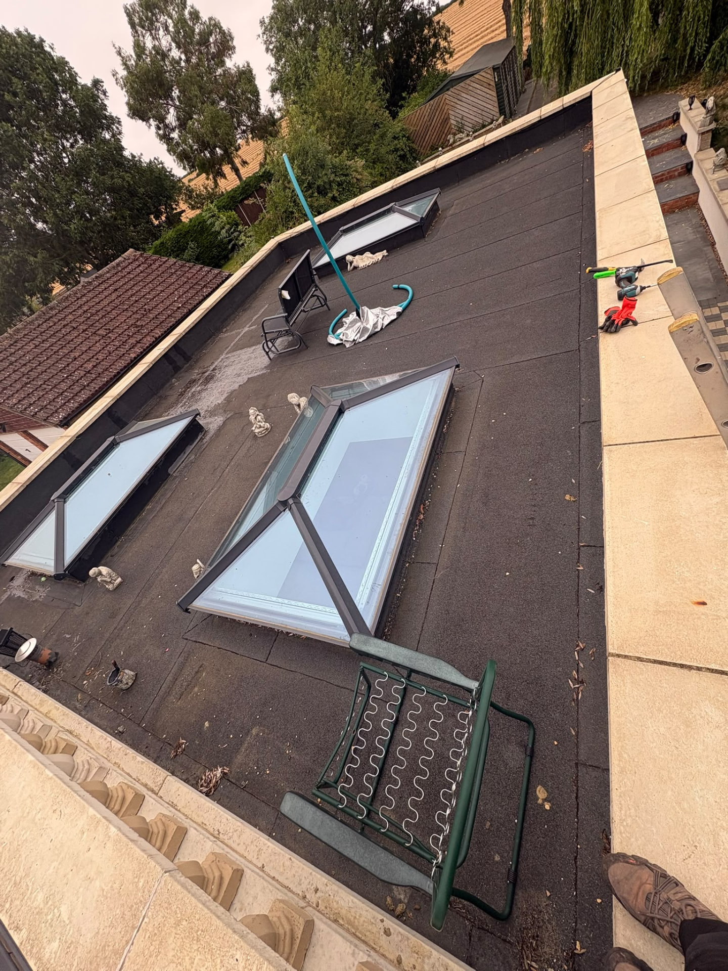 Finished felt flat roof with three roof lanterns, flat roofing in Glastonbury
